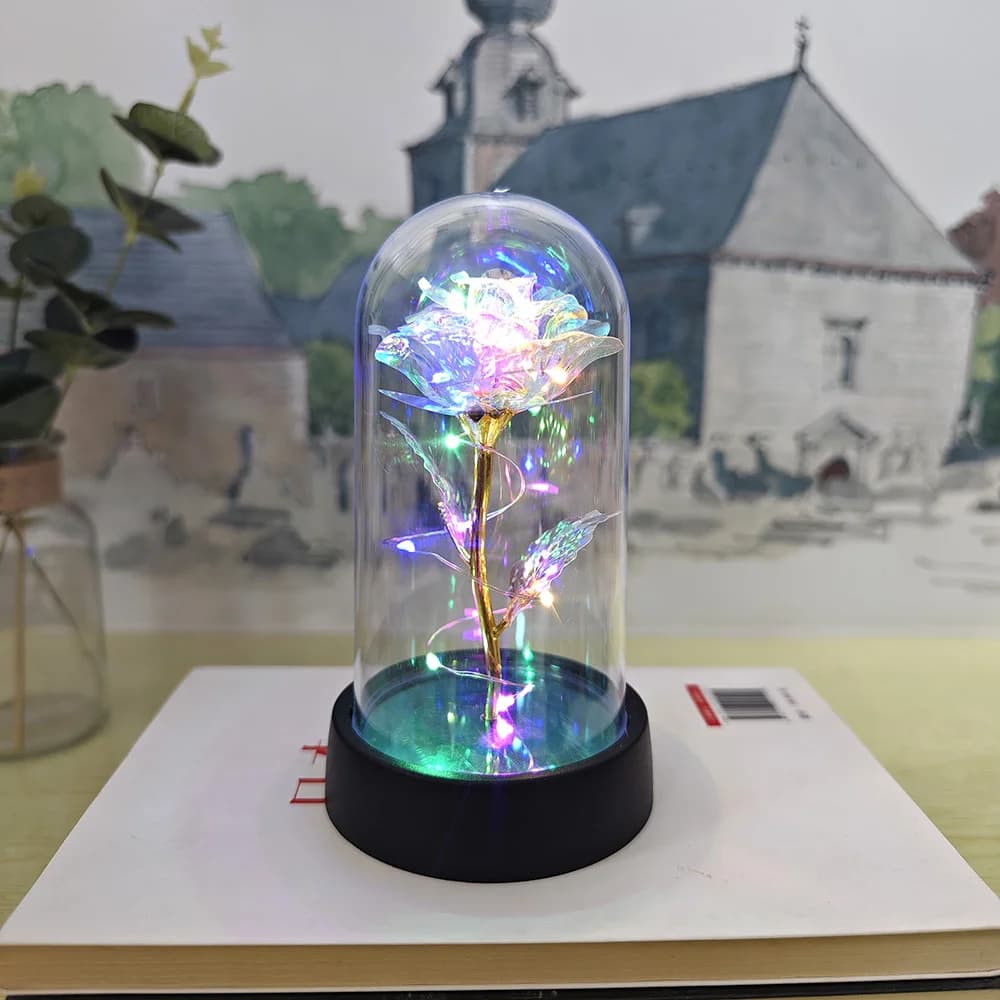 Lumière de rose éternelle avec couvercle en verre, feuille d'or 24 carats, fleur LED, cadeau de jour