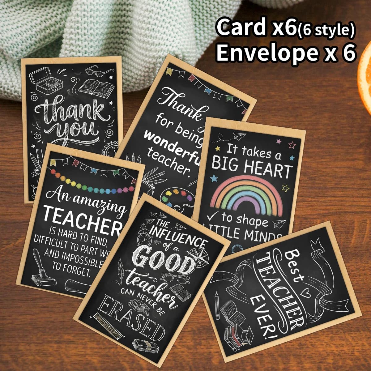 6 cartes de vœux pour l'appréciation des enseignants, avec enveloppe, design tableau noir, pour la f