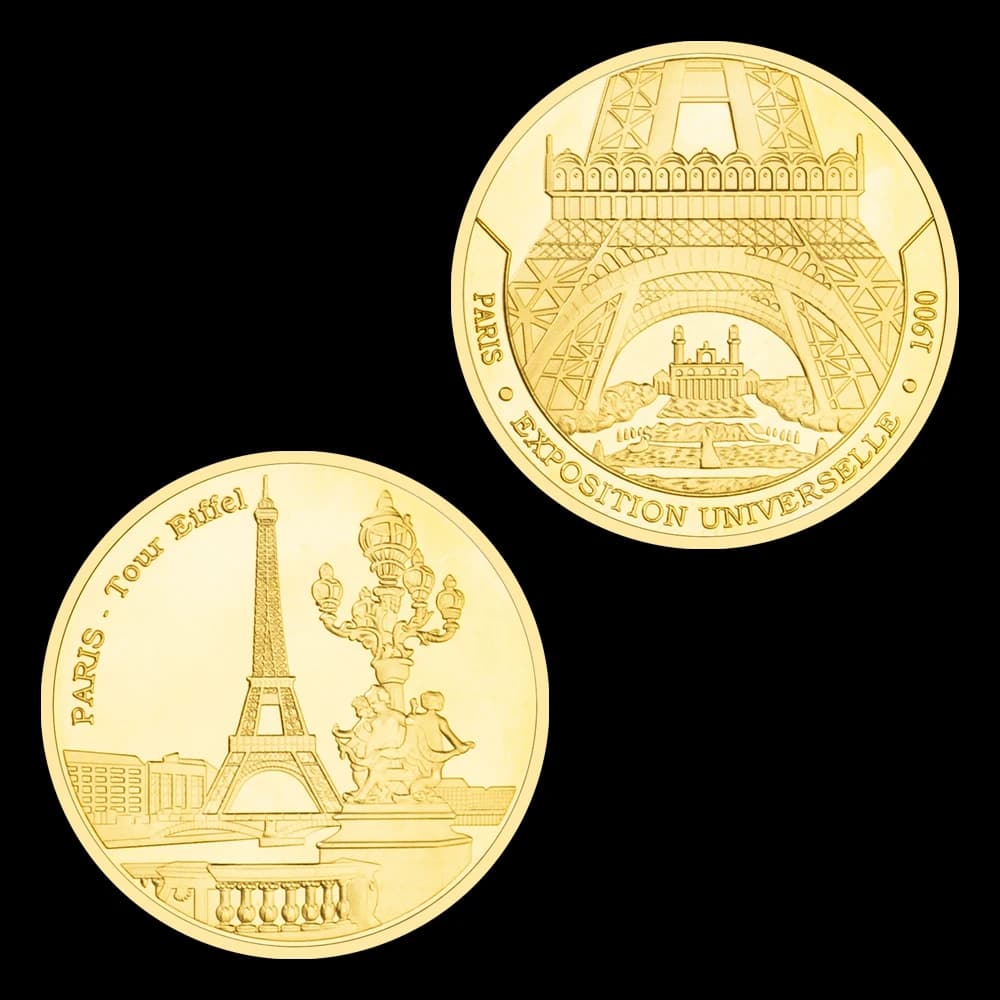 Pièce de Monnaie Souvenir Plaquée Or Paris-Tour Eiffel, Collection Bâtiments Célèbres, Pièce Commémo