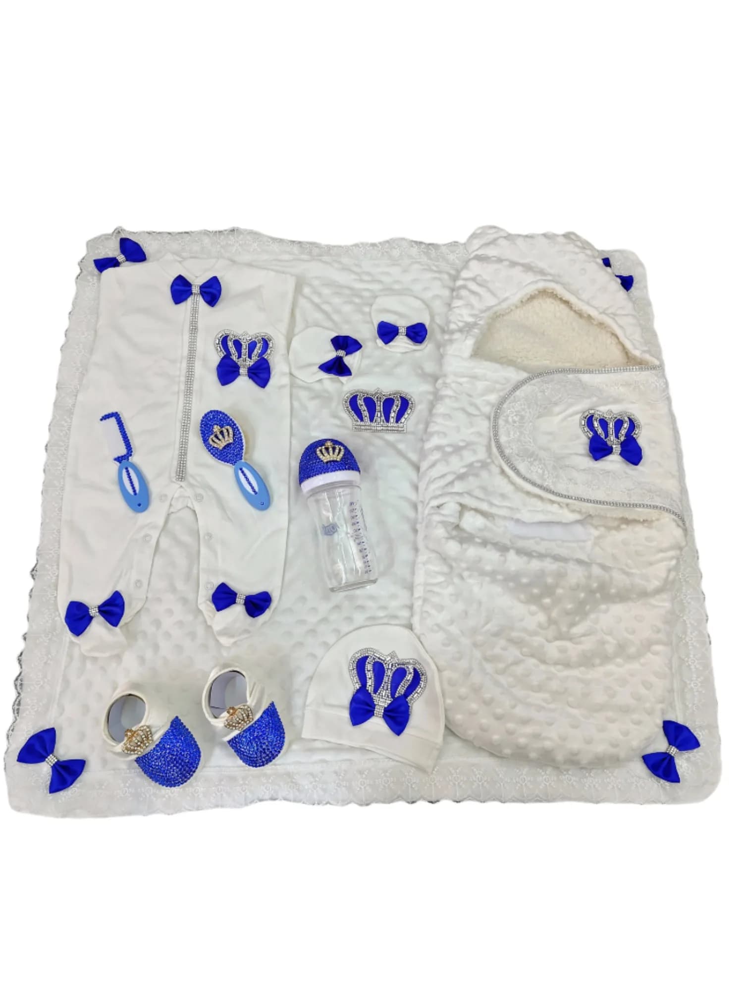 Coffret cadeau de luxe pour bébé garçon avec couronne dorée bleue - Tenue complète avec accessoires 