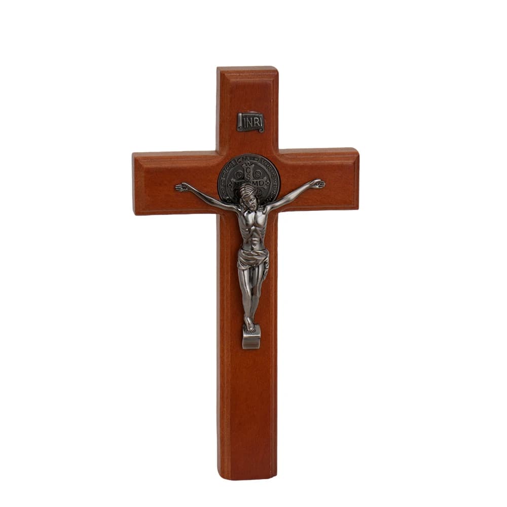 Croix en bois chrétienne orthodoxe artisanale avec corpus de jésus en alliage de zinc, St. Médaille 