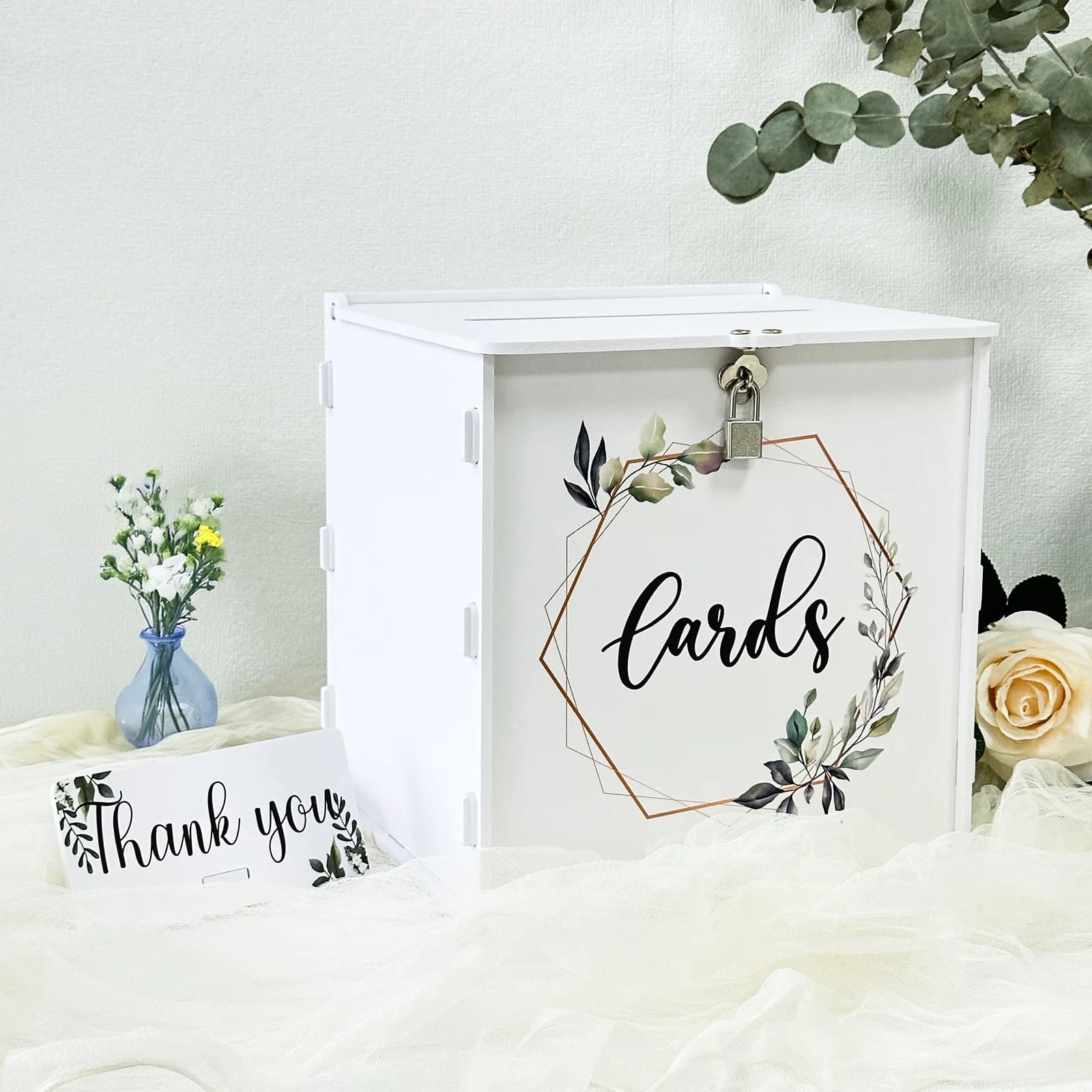 Boîte à cartes de mariage blanche avec serrure, boîte à cartes cadeaux en PVC pour réception de mari