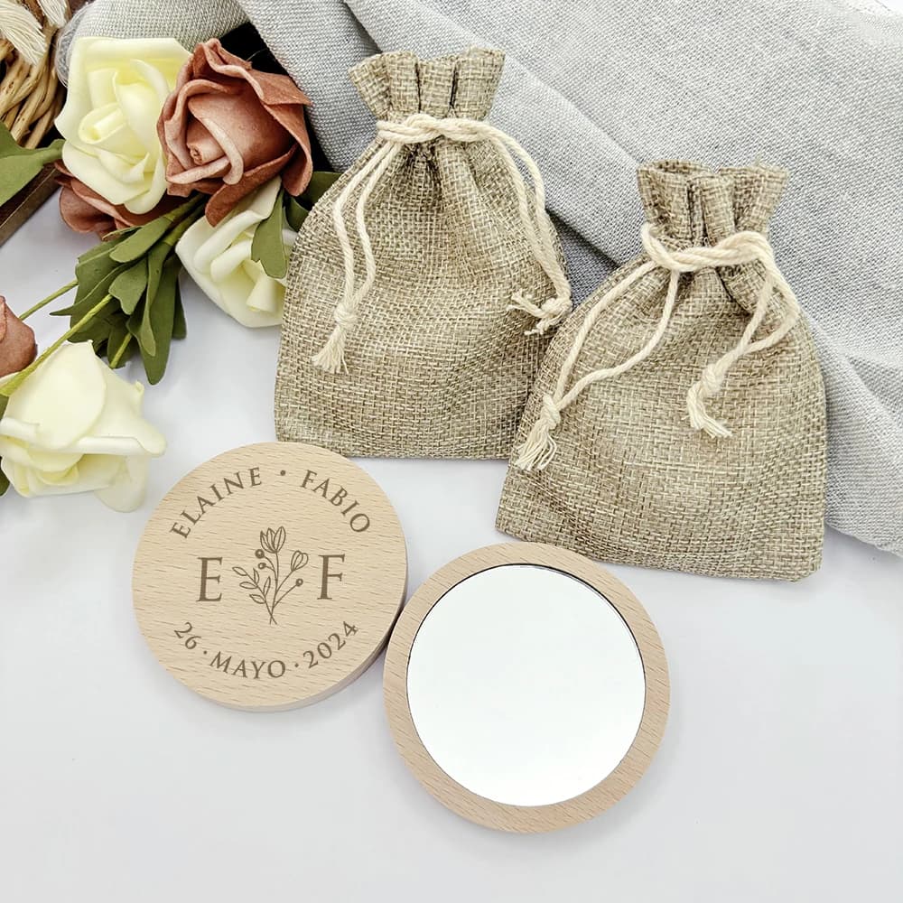 Cadeaux de mariage Miroir compact en bois personnalisé avec sac cadeau Cadeaux de mariage pour les i