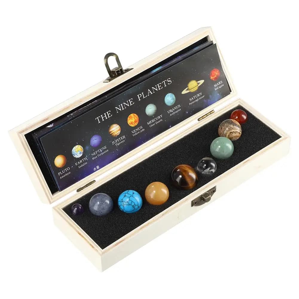 Coffret cadeau boule de cristal naturel, 9 planètes, spécimen de minerai, ligne du système solaire, 