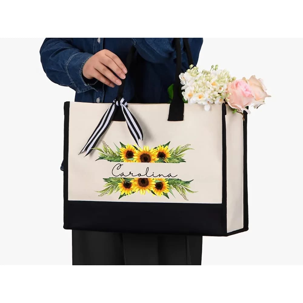 Sac fourre-tout personnalisé en tournesol, cadeau floral pour maman, enseignant, grand-mère, amoureu