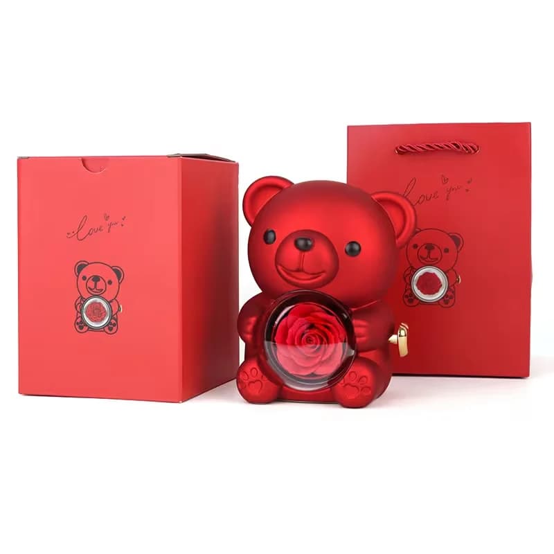 Boîte cadeau ours en peluche avec rose, boîte à bijoux avec espace caché pour bague ou boucles d'ore