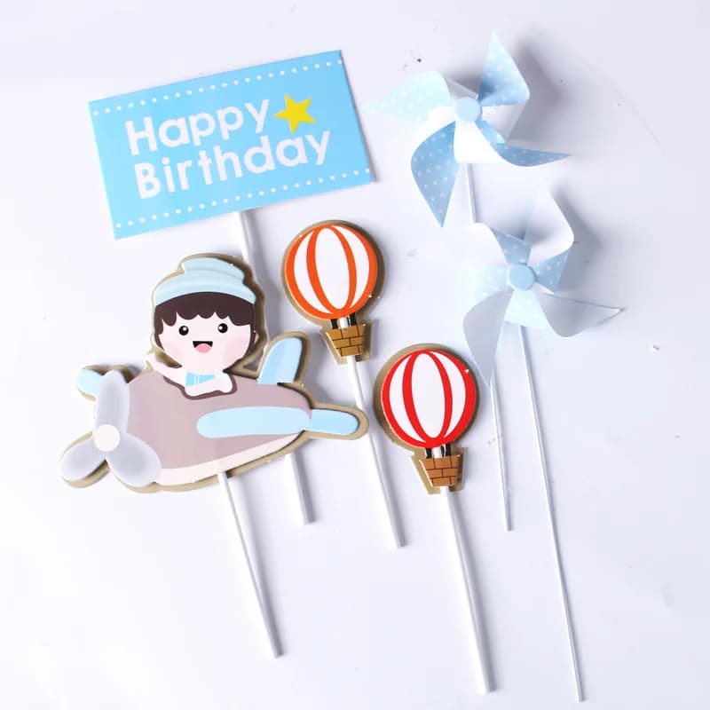 Garniture de gâteau d'anniversaire, décoration d'arbre de voiture, nuage, pilote d'avion, drapeau de