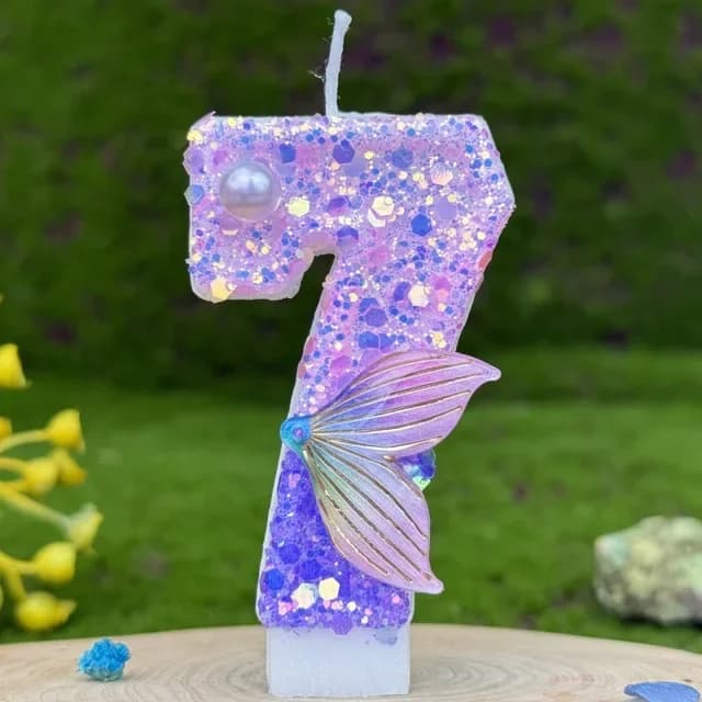 Bougie d'anniversaire scintillante en forme de queue de sirène violette, chiffres de 0 à 9, décorati