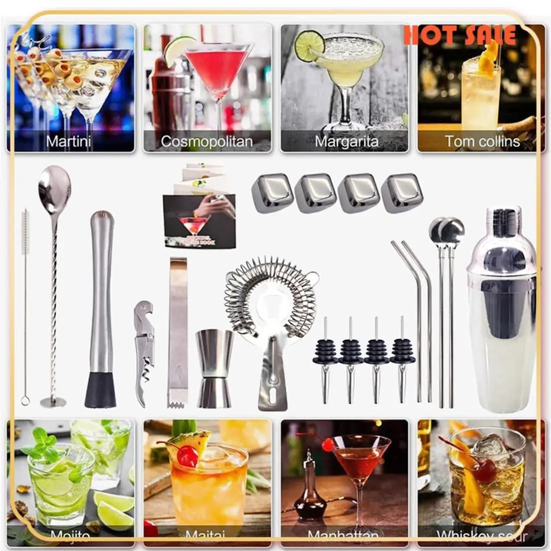 ABFA Kit de barman 23 pièces Shaker à Cocktail ensemble de support acrylique en Grain de glace en ac