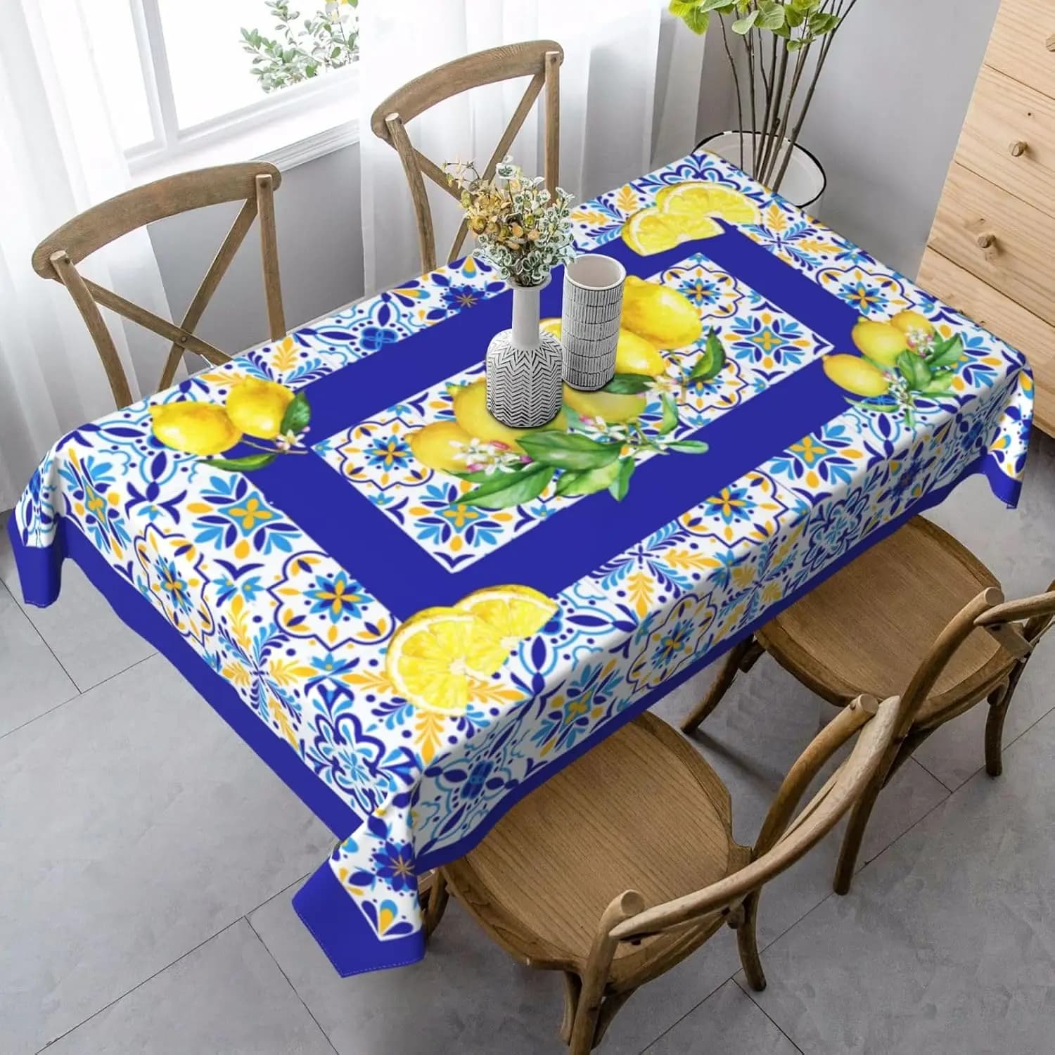 Nappe rectangulaire imperméable en carreaux bleus citron, décor de fête de vacances, cuisine de ferm