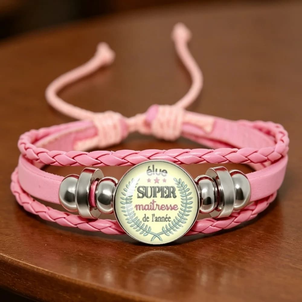 Bracelet en cuir rose fait main avec breloque cabochon en verre, cadeau pour la Fête des Enseignants