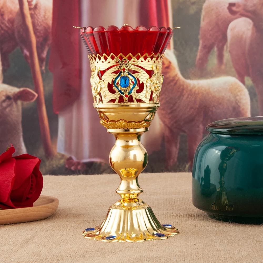 Bougeoirs d'église en métal doré Antique, avec tasses en verre rouge, décor d'autel chrétien, cadeau
