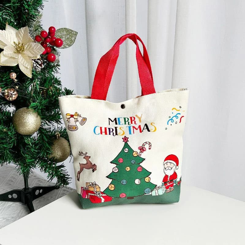 Sacs cadeaux de noël avec motifs de père noël, renne et bonhomme de neige, fourre-tout en toile Dura