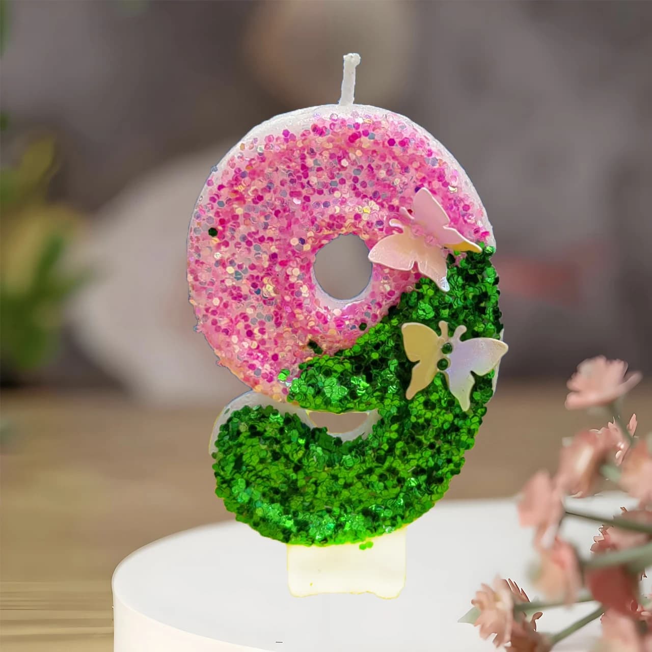 Bougie d'anniversaire numérique rose et verte, décoration papillon scintillante rose et verte, utili