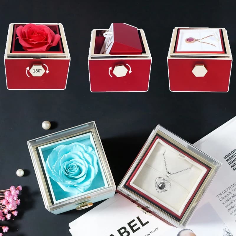 Coffret cadeau Rose rotatif, bague en acrylique, collier, fleur, boîte à bijoux pour petite amie mère, cadeaux romantiques de noël, offre spéciale 2023