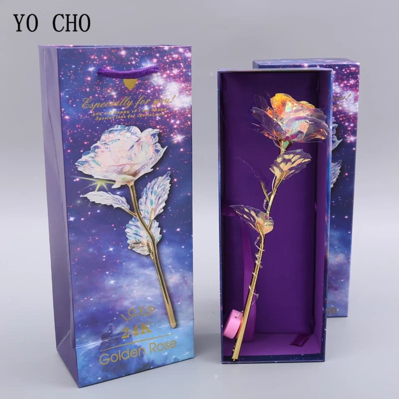 Balance-Rose artificielle plaquée or 24 carats, fleur Galaxy, feuille, boîte, anniversaire, Leon, fête des mères, Noël, cadeau créatif, CHO 24K