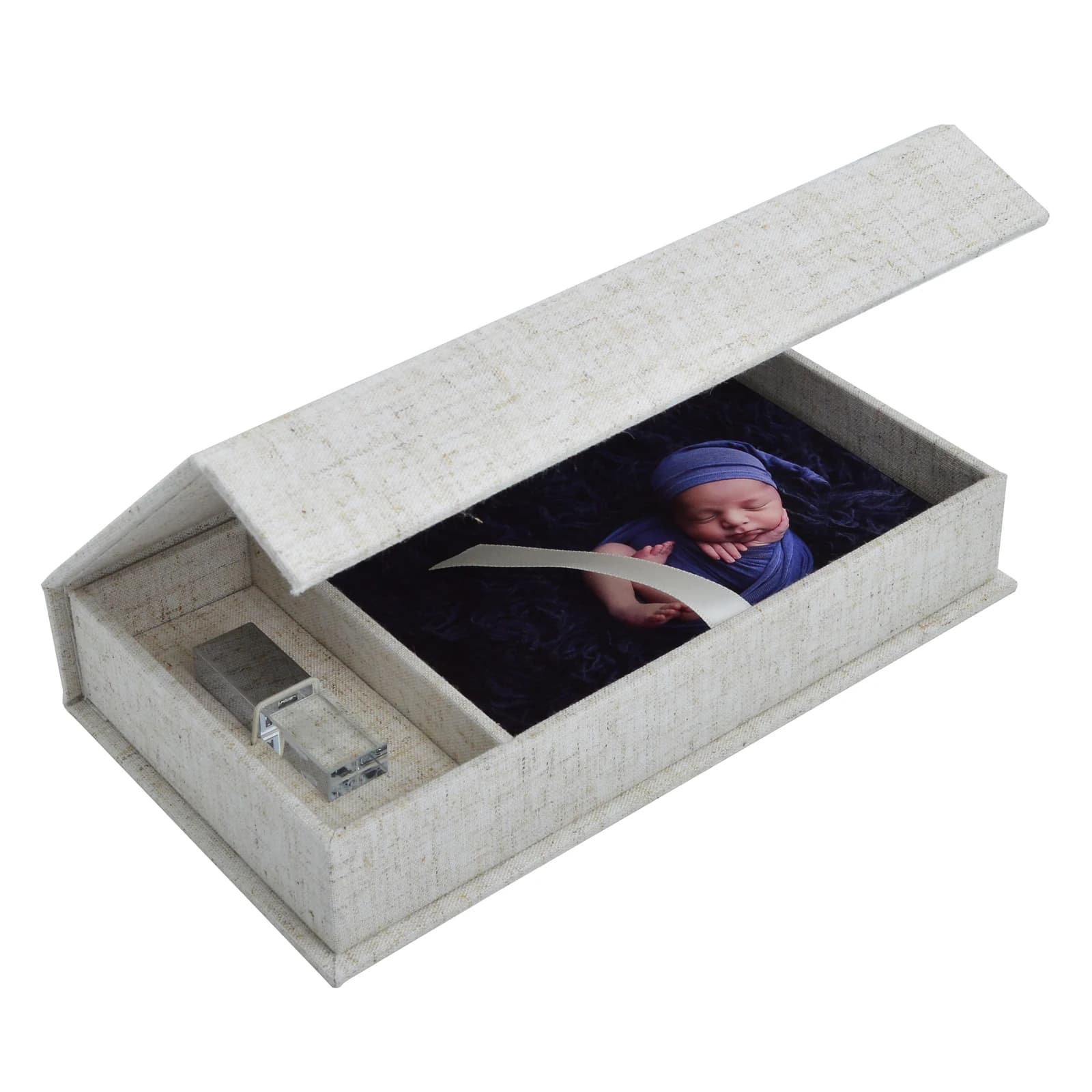 Boîte d'impression de photo en lin avec fente pour clé USB, logo personnalisé sur la couverture, cadeau de prolifération