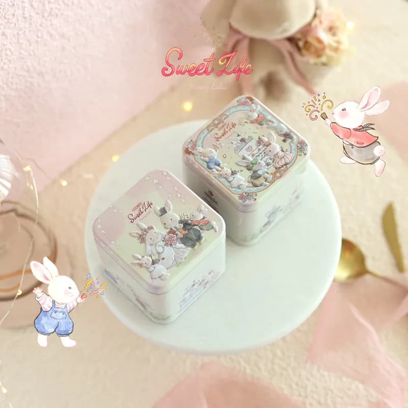 Boîte en fer blanc imprimée lapin de dessin animé, boîte de rangement carrée pour collations, organisateur de bonbons, décoration d'intérieur, boîte à collectionner en métal, cadeaux de mariage