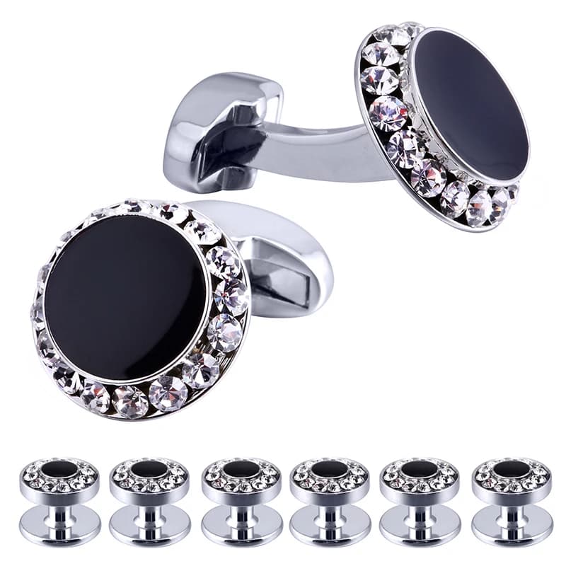 Ensemble de boutons de manchette et clous de luxe pour hommes, ensemble de boutons de manchette classiques en émail noir et cristal pour chemise de smoking, accessoires de bijoux de mariage