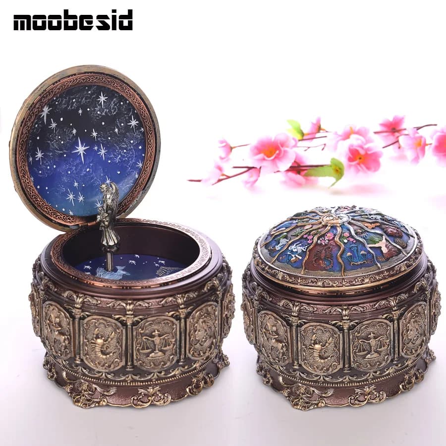 Boîte à musique du zodiaque en Bronze, 12 signes, rétro, 12 constellations, coffret cadeau dieu soleil pour filles, cadeaux d'anniversaire pour la saint-valentin