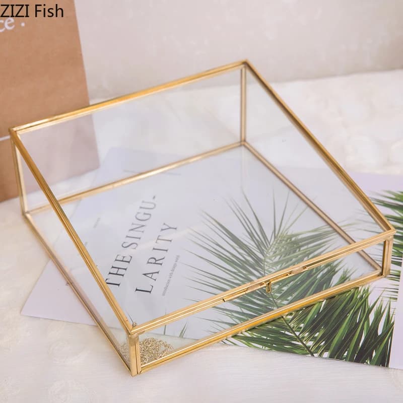 Boîte de Rangement Polygonale en Verre Latéral en Cuivre Vintage, Style Européen, Présentoir et Rangement de Bijoux et Cosmétiqu