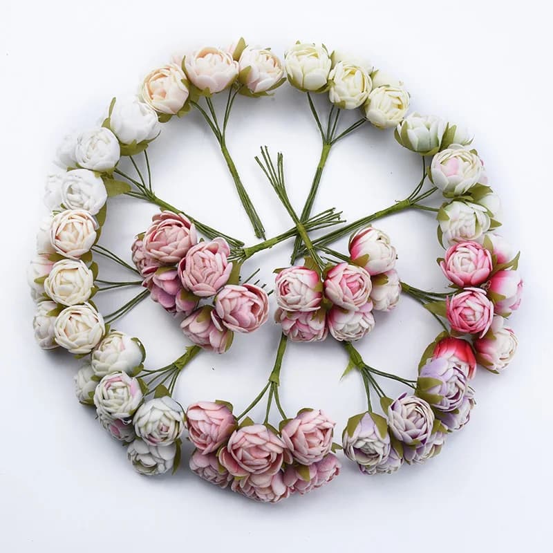MINI Bouquet de Roses à thé, 6 pièces, bricolage, cadeaux, boîte à bonbons, accessoires de décoration pour la maison, couronnes décoratives de mariage, fleurs artificielles bon marché