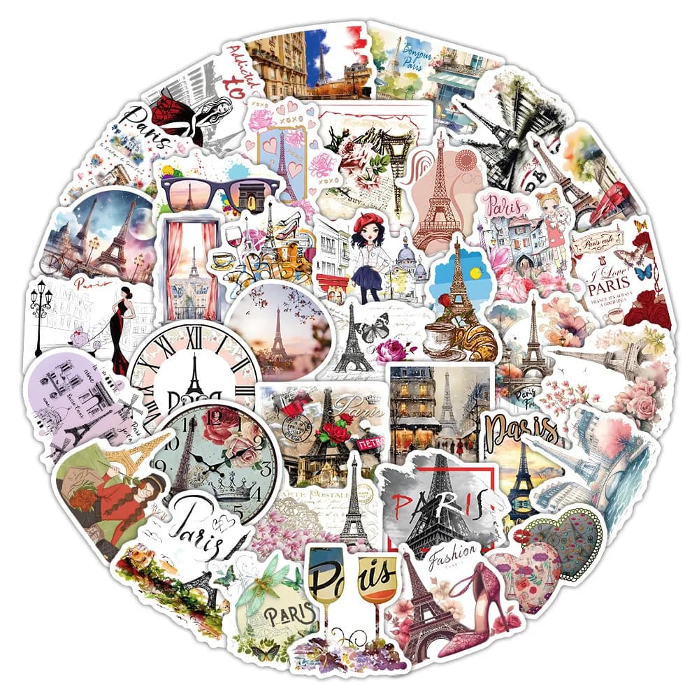 54 pièces romantique Paris autocollants esthétique Graffiti bricolage décoration cadeau voyage commémoratif dessin animé autocollant ordinateur portable guitare voiture vélo