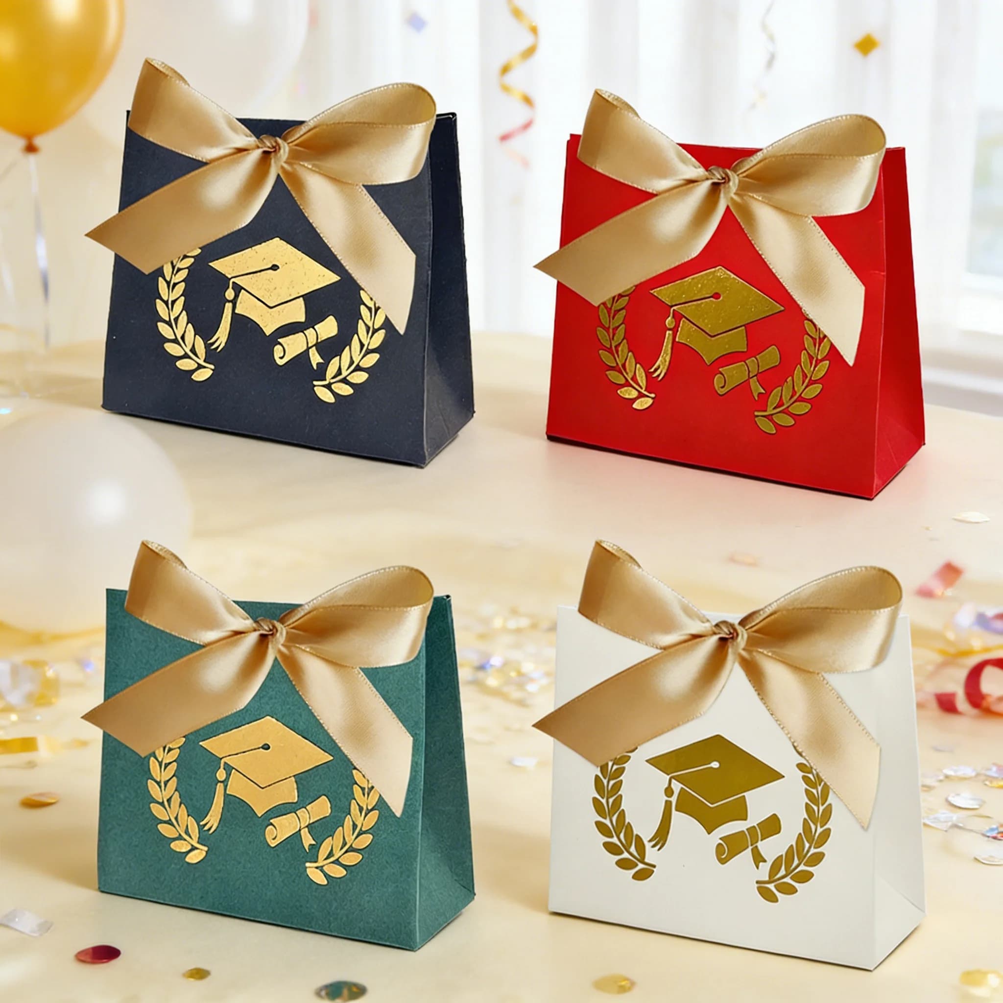 10 boîtes cadeaux de graduation avec ruban doré - Design de chapeau