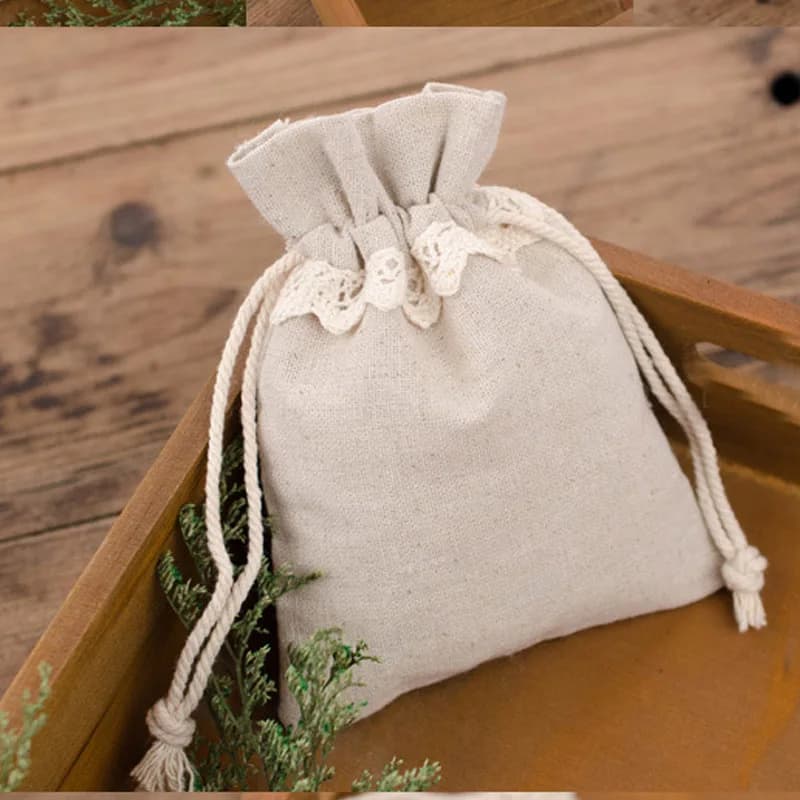 Pochette cadeau en lin dentelle 9x12cm, lot de 50, sac à cordon pour bonbons de fête de Noël
