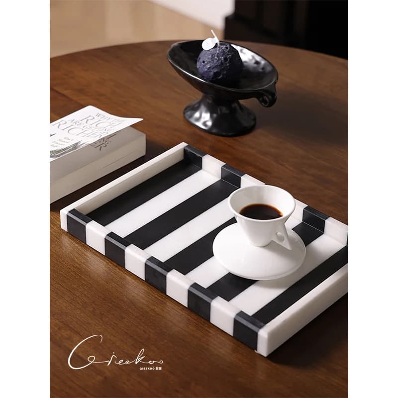 Haut de gamme léger luxe italien noir et blanc rayé marbre entrée salle de bain service à thé Table de rangement plateau affichage