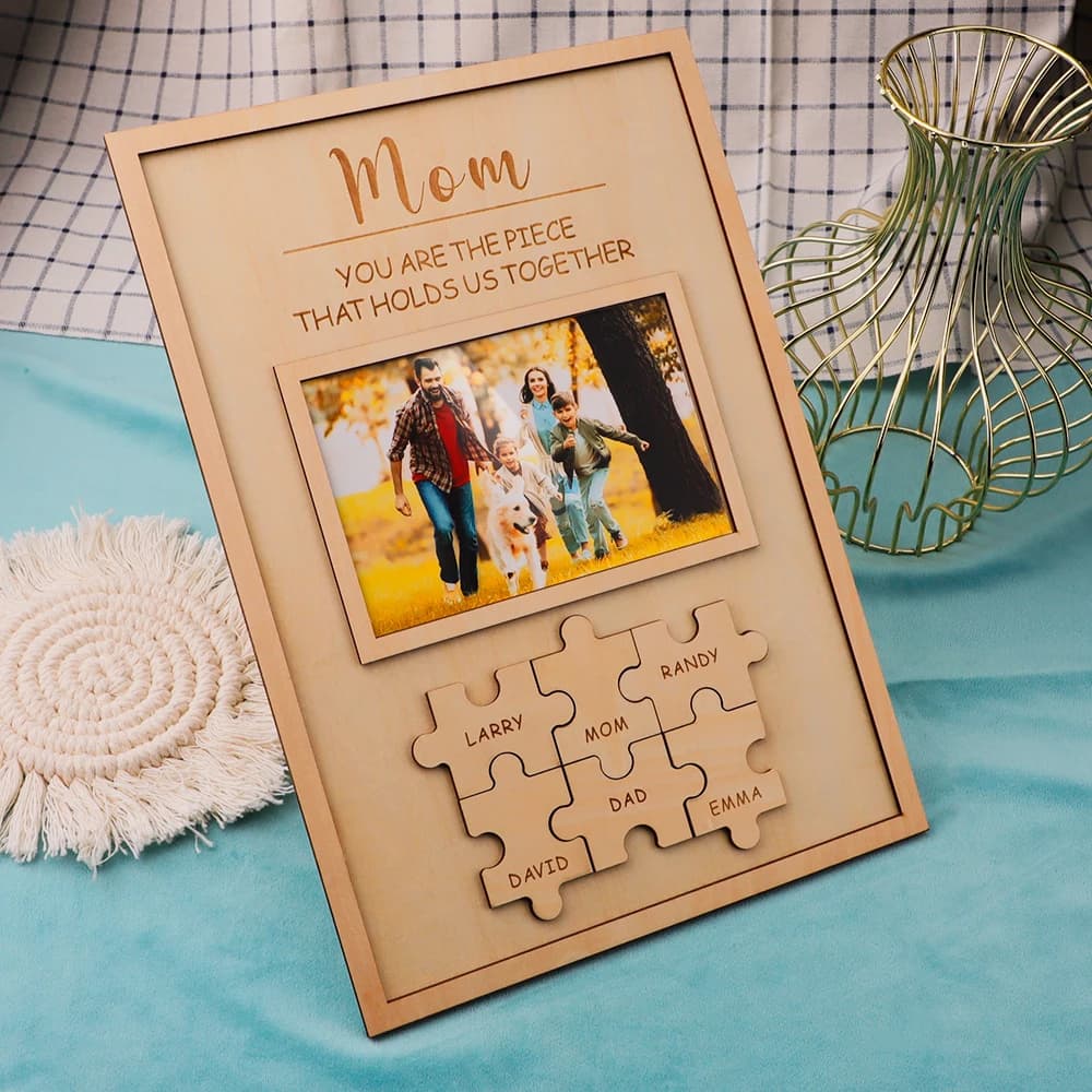 Photo de famille personnalisée, artisanat en bois avec noms de famille et vous êtes le morceau qui nous tient ensemble, cadeau de fête des mères