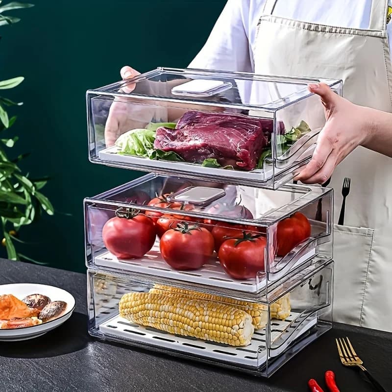 ‌ Bacs transparents empilables pour réfrigérateur, tiroirs extractibles en PET avec bac de vidange, organisateur de stockage de fruits et légumes pour réfrigérateur congélateur