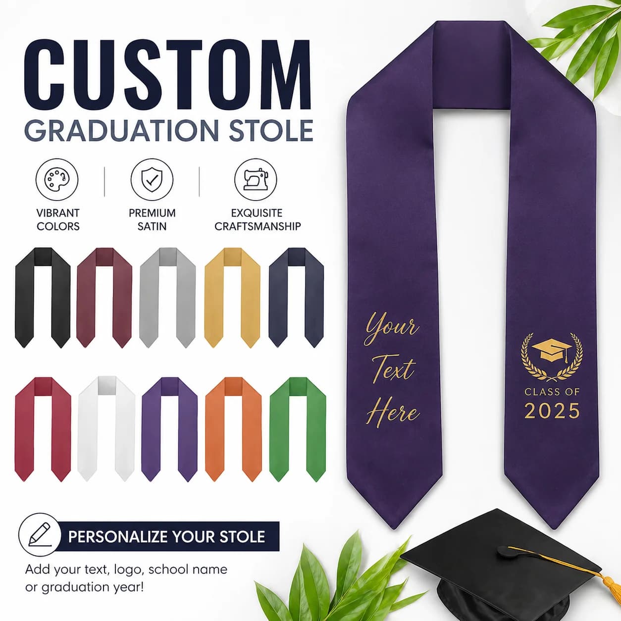 Écharpe de remise de diplôme personnalisée InterestPrint, Écharpe de félicitations personnalisée avec texte pour les diplômés de la promotion 2025, Cadeau d'honneur