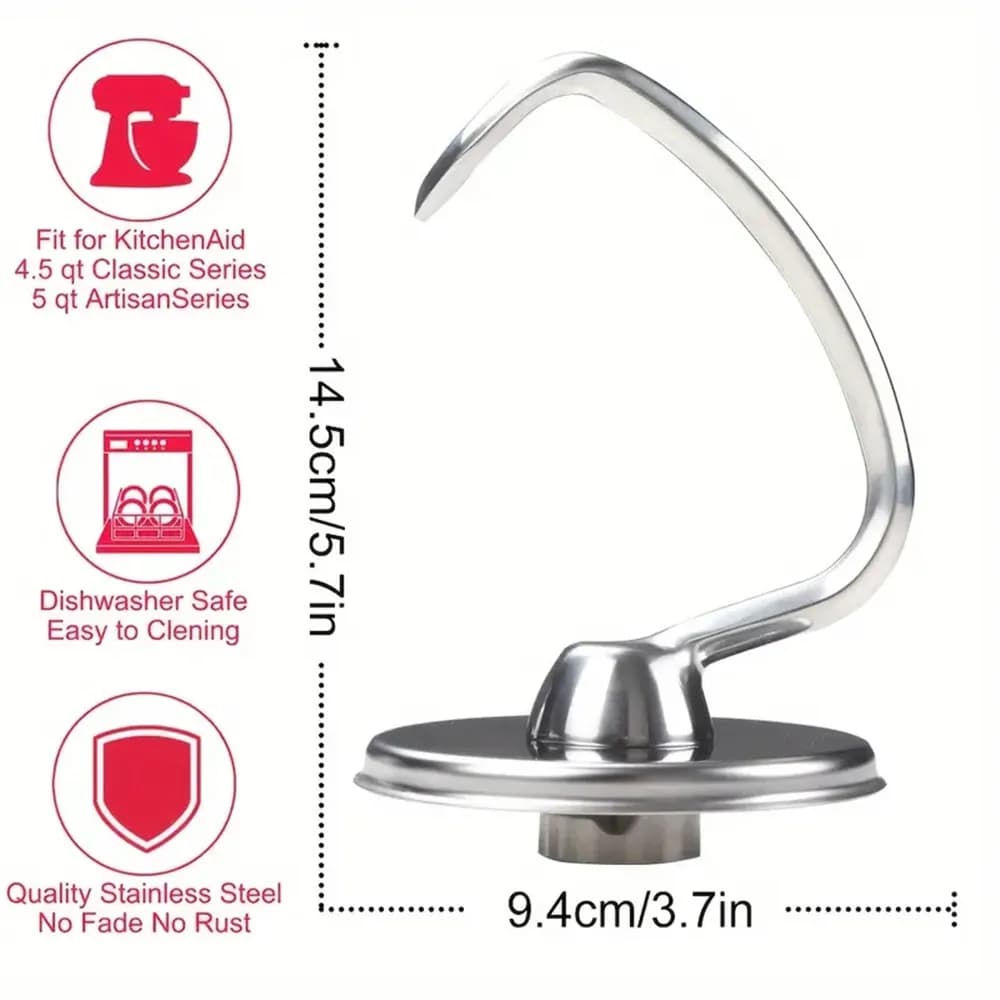 1 pièce d'accessoire de cuisine KitchenAid et crochet à pâte en acier inoxydable, adapté aux accessoires de mélangeur vertical 4,5 et 5QT.