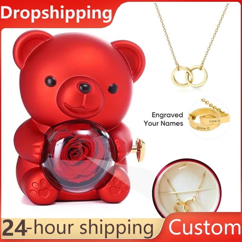 Idée cadeau pour la Saint-Valentin 2024 : boîte à bijoux en forme d'ours avec rose éternelle rotative, collier rond gravé avec le nom OO pour fille