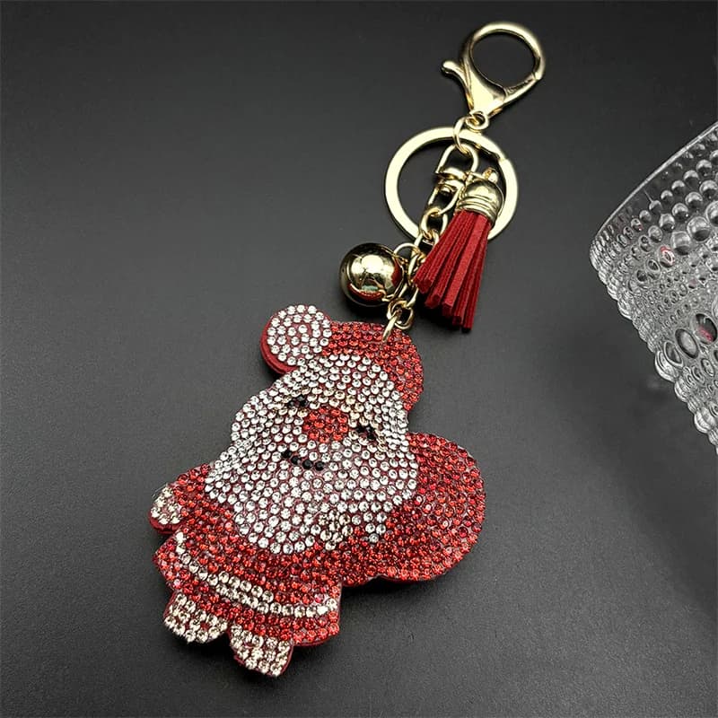 Mignon père noël donner cadeau porte-clés pour femmes hommes plein strass cristal rouge gland sac suspendu pendentif porte-clés bijoux