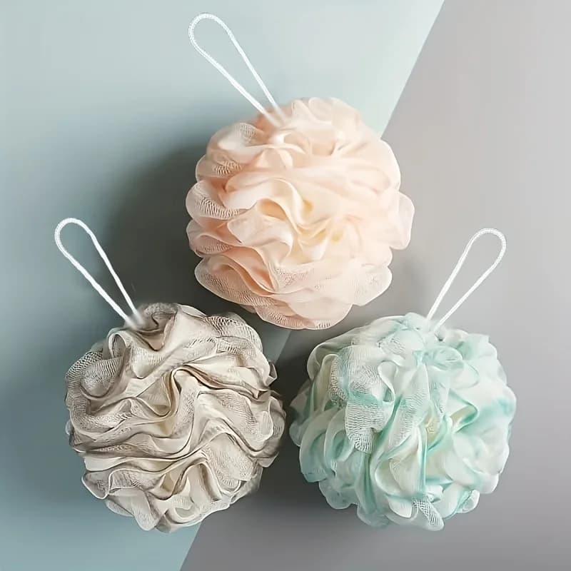 Boule de douche en éponge de bain pour soins de la peau, luxueuse, super douce, exfoliante et riche, avec boucle de suspension pour un rangement facile