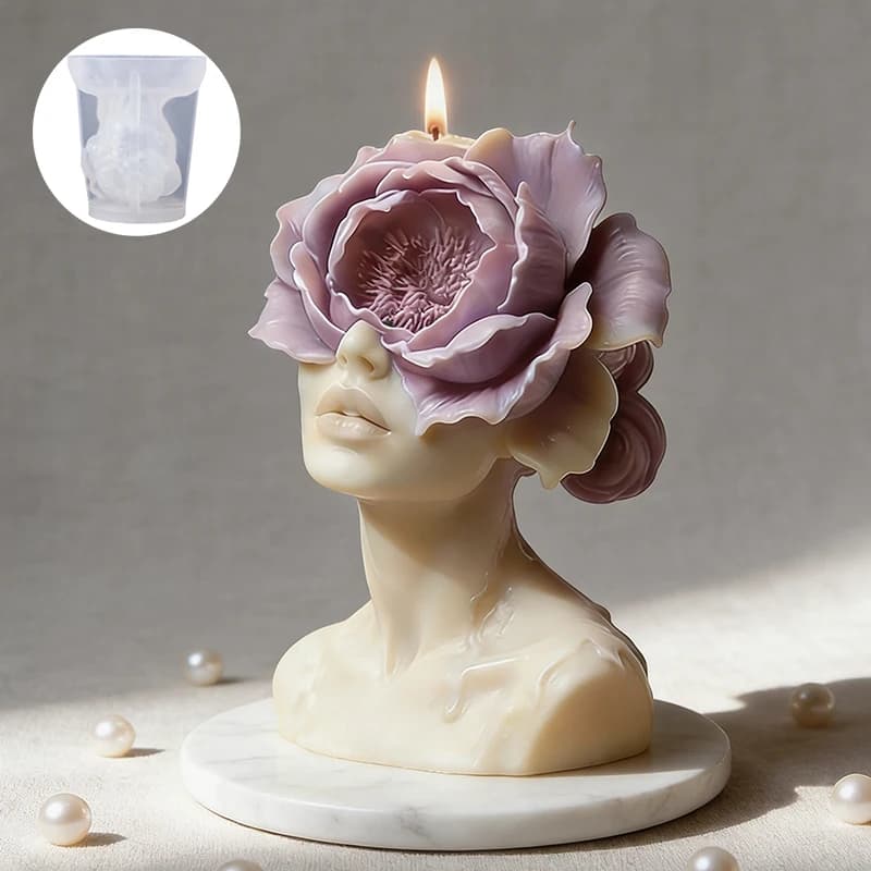 Moule à bougie 3D Fleur de pivoine : Pivoine en pleine floraison + motif en relief de portrait. Bougie parfumée artistique à faire soi-même pour créer un coin élégant