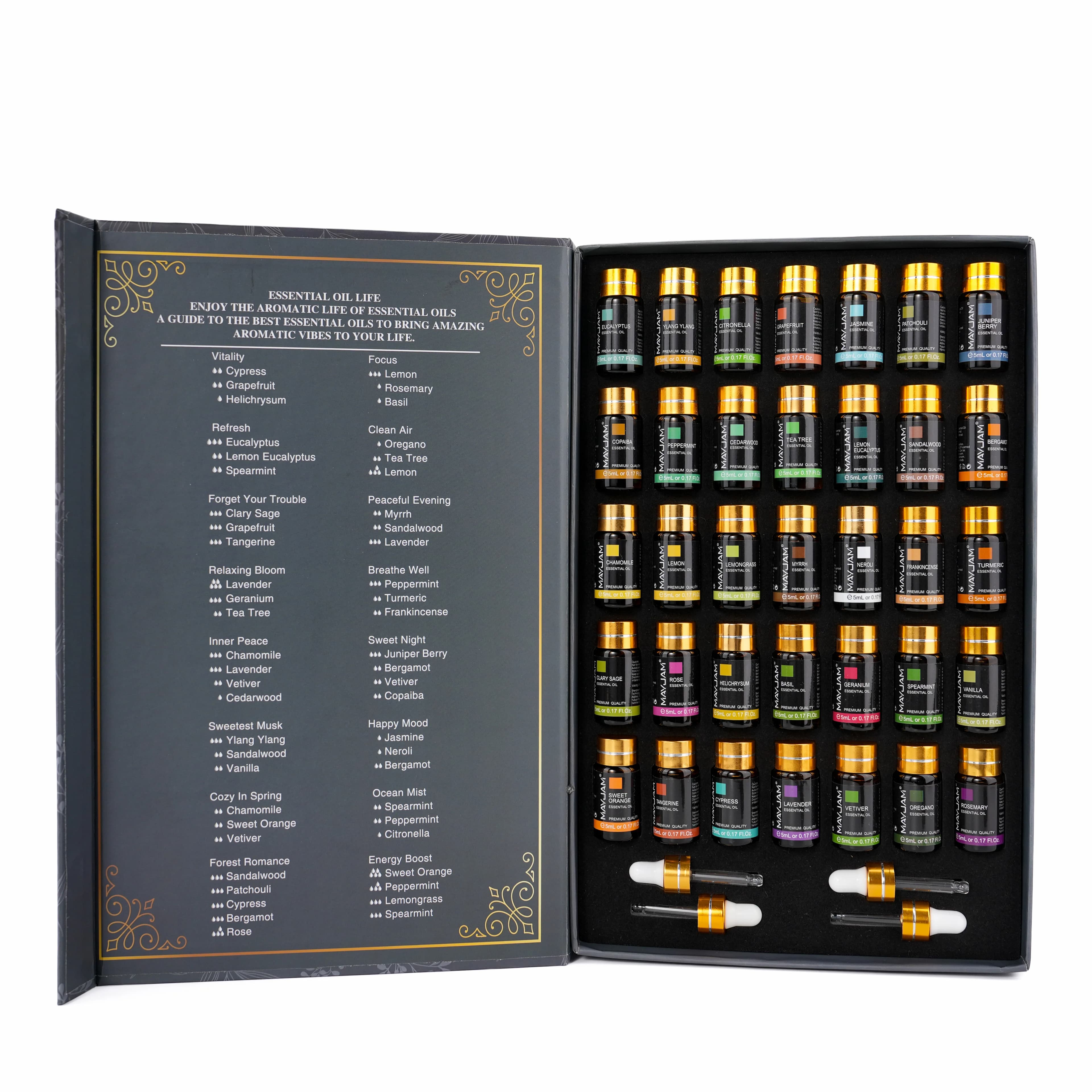 MAYJAM-Coffret d'huiles essentielles d'aromathérapie, jasmin, eucalyptus, vanille, menthe poivrée, bois de santal, parfumé, 35pcs