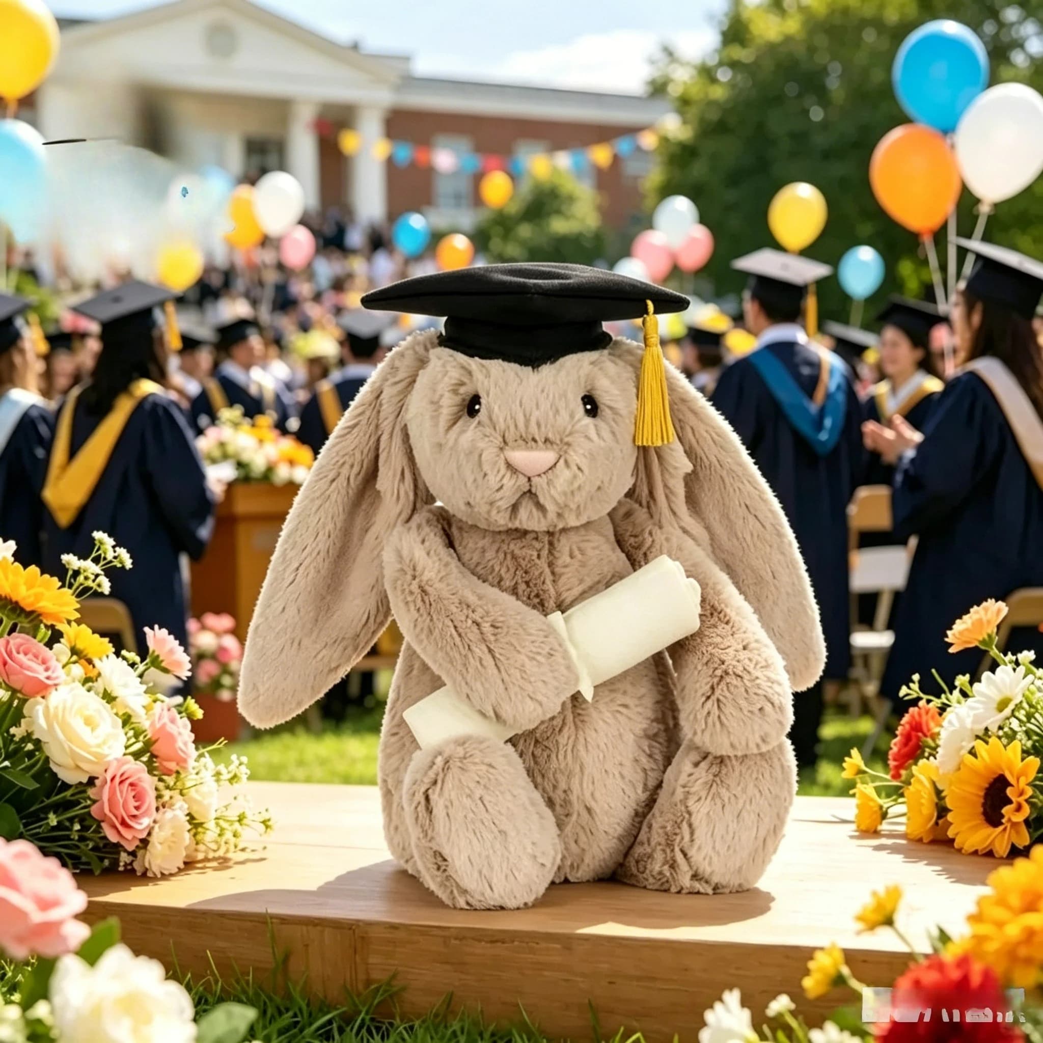Cadeau de remise de diplôme original : Peluche Lapin timide Bonnie tenant un gâteau d'anniversaire, avec peignoir assorti, ours et dragon, cadeau de fêtes.