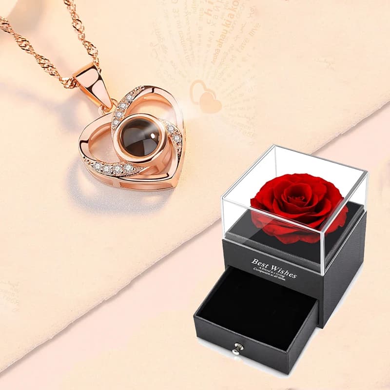 Cadeaux de noël pour petite amie, 100 langues, collier de Projection je t'aime avec boîte-cadeau Rose, bijoux romantiques à la mode 2023