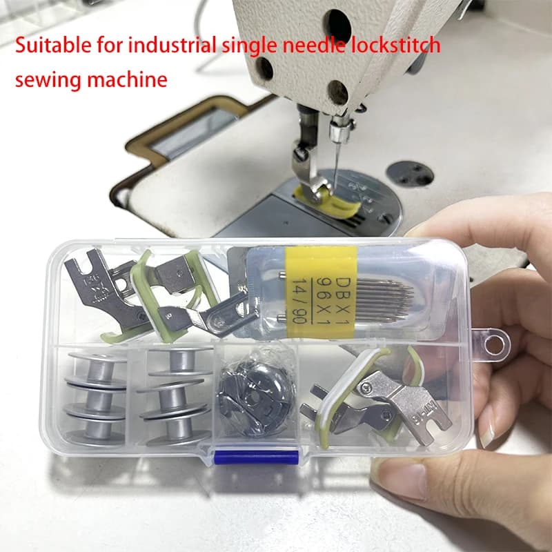 Ensemble d'accessoires pour Machine à coudre, 62 pièces, comprend 5 pieds de presse, 50 paquets d'aiguilles, 6 bobines de canette, 1 boîte de rangement