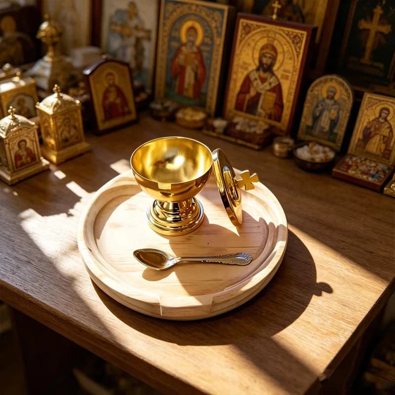 Cadeau religieux, ensemble d'autel orthodoxe, calice en métal doré avec cuillère, plateau en bois, décoration d'autel à domicile, décoration d'église catholique chrétienne