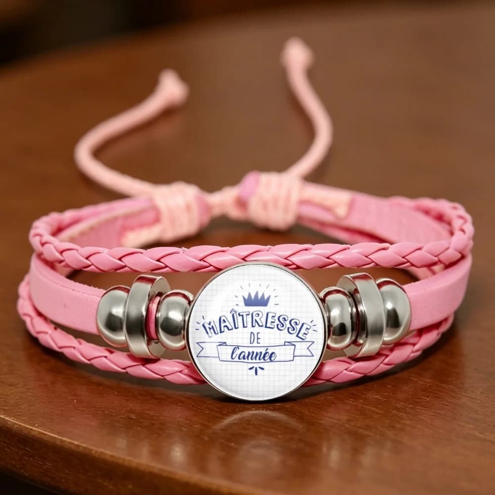 Bracelet en cuir rose fait main avec breloque cabochon en verre