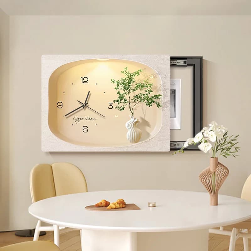 Peinture décorative de boîte de compteur électrique avec horloge, peinture murale suspendue, boîte de distribution simple, pas de blocage de trou