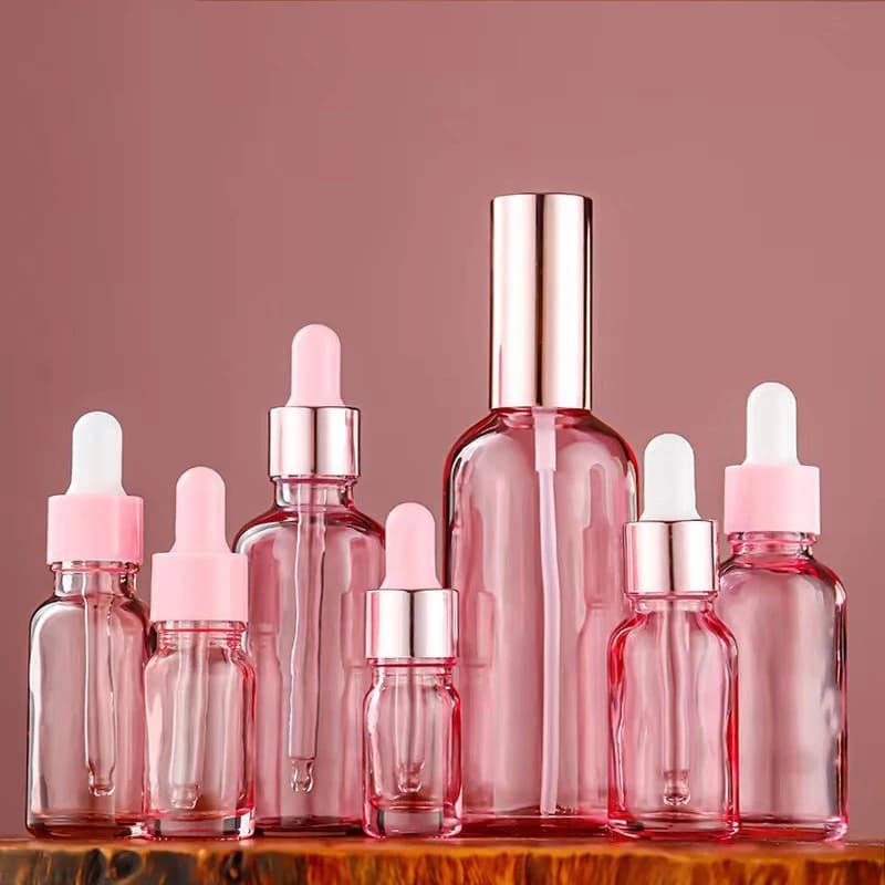 Bouteilles de parfum rechargeables 5ml-100ml, couvercle Rose, liquide d'aromathérapie en verre rose pour huile de Massage essentielle, Pipette, vaporisateur de brume