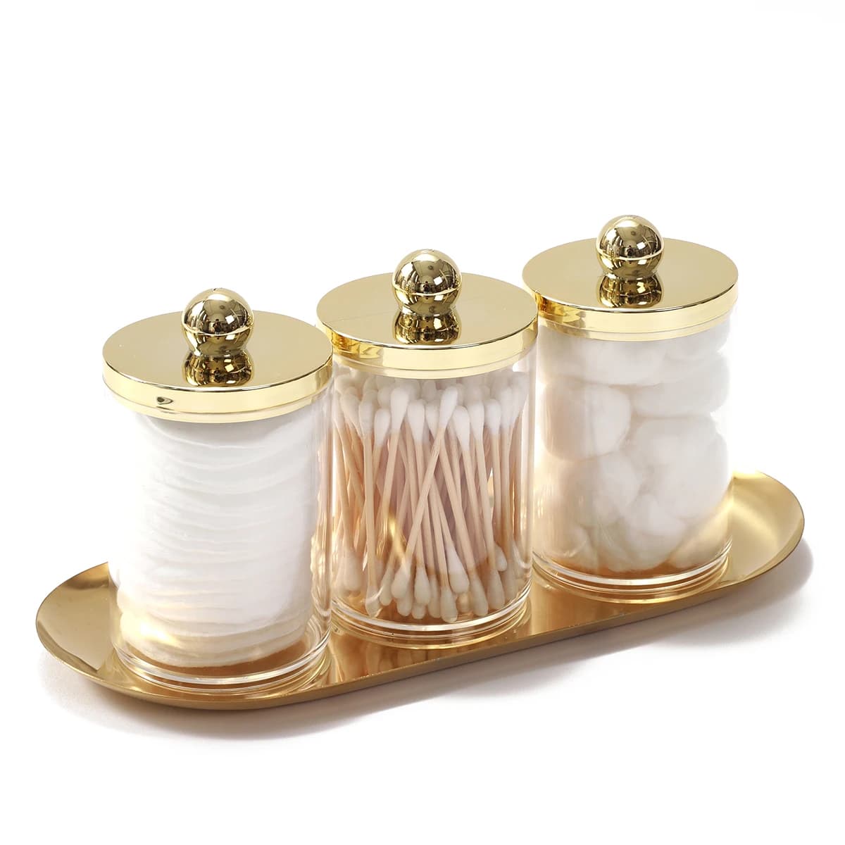 Ensemble de salle de bain avec support Qtip, organisateur de plateau doré, pots d'apothicaire en plastique acrylique, boîte distributrice Qtip avec couvercle, paquet de 2/3