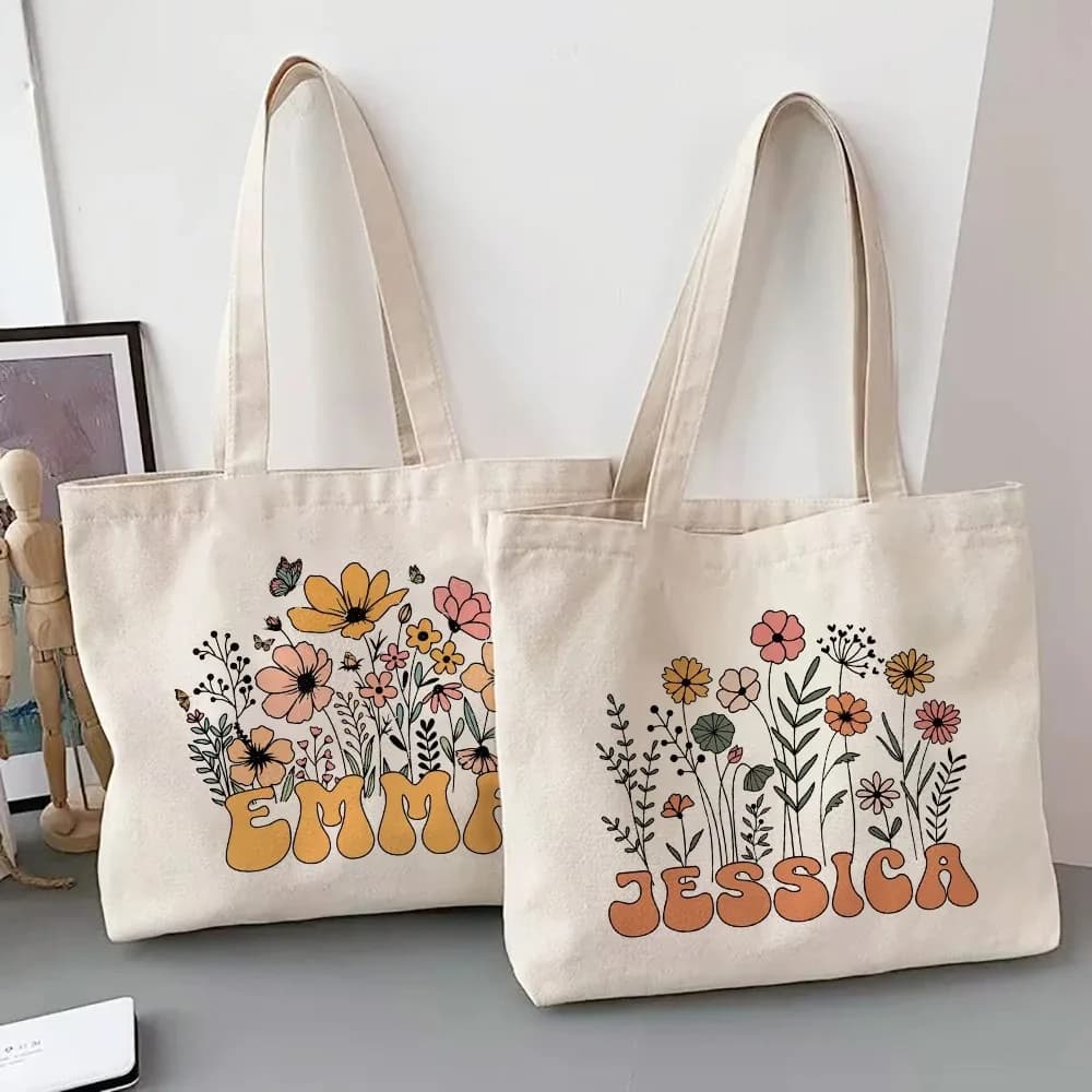 Sac fourre-tout personnalisé avec fleur et nom pour femme, sacs à bandoulière en toile, sac de shopping monogrammé, sacs à main, cadeaux d'anniversaire et de mariage pour elle