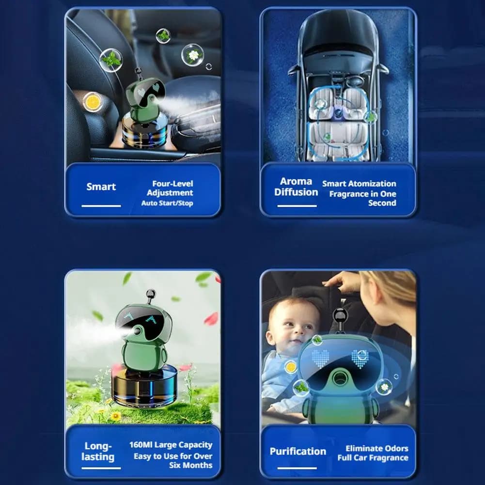 Diffuseur d'aromathérapie intelligent IA au design robotique pour voiture, élimination des odeurs, purification de l'air, décoration créative et brumisation