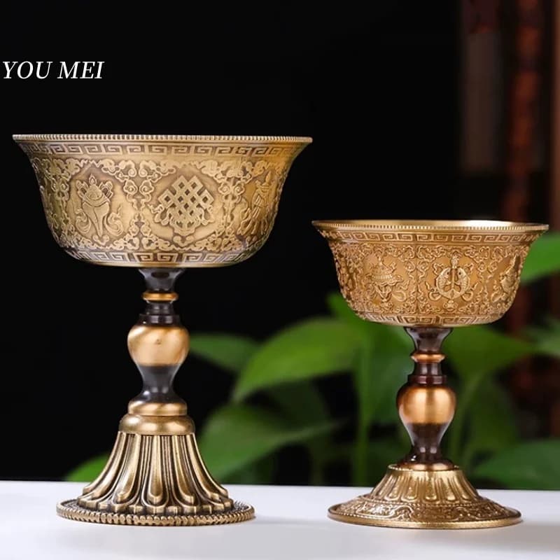 Chandelier tibétain, tasse de bougie en Bronze de bouddhisme gravée huit lampes de bon augure, articles buddhistes, ornement d'autels tantriques artisanaux